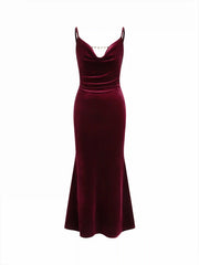 Velvet Cowl Neck Backless Chain Detail Mermaid Maxi Dress
