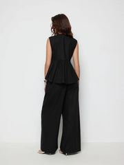 Linen-blend V-neck Ruched Peplum Top & Mid Rise Wide Leg Trousers Set