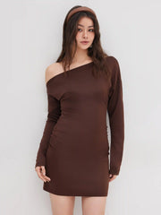 Asymmetrical Neck Ruched Mini Dress