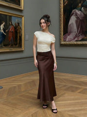 Satin Mid Rise Mermaid Maxi Skirt With Belt