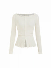 Boat Neck Lettuce Trim Button Knotted Long Sleeve Top