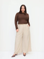 Boat Neck Long Sleeve Top & Mid Rise Straight Leg Trousers With Belt Set Curve & Plus