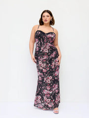 Mesh Floral Sweetheart Lace Trim Ruched Bodycon Maxi Dress Curve & Plus