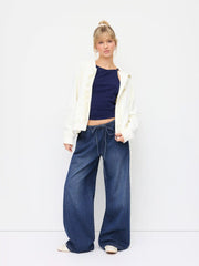 Washed Denim Knotted Low Rise Wide Leg Jeans