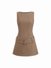 Boat Neck Houndstooth Belted Mini Dress