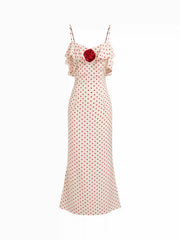 Satin Polka Dot V-Neck Ruffle Maxi Dress