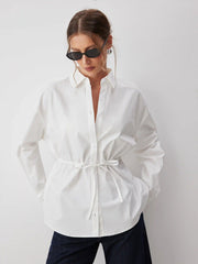 Cotton-blend Long Sleeve Drawstring Blouse