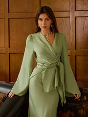 Satin V-neck Asymmetrical Hem Tie Waist Top & Mid Rise Mermaid Maxi Skirt Set