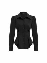 Cotton-blend Pleated Cinched Waist Puff Sleeve Shirt