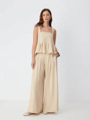 Square Neckline Pleated Cami Top & Mid Rise Wide Leg Pants Set