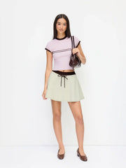 Knit Round Neckline Short Sleeve Contrasting Binding Top