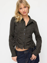 Cotton-blend Plaid Drawstring Long Sleeve Shirt