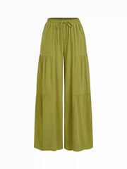 Linen-blend Mid Rise Drawstring Tiered Draped Wide Leg Trousers
