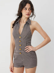 Plaid Button Decor Halter Neck Romper