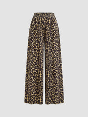 Round Neckline Long Sleeve Top & Mid Rise Leopard Elastic Waist Wide Leg Trousers Set