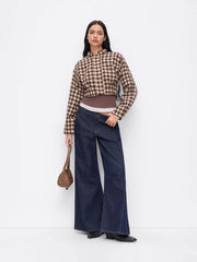Jacquard Houndstooth Pleated Stand Collar Crop Jacket