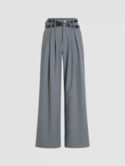 Solid Belted Straight Leg Trousers