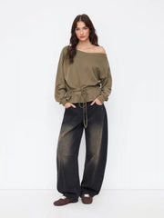 Cotton-blend Asymmetrical Neck Drawstring Cinched Waist Oversized Sweatshirt