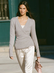 Knit V-neck Wrap Long Sleeve Top With Belt