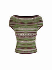 Knit Striped Pointelle Off-Shoulder Short Sleeve Top