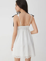 Cotton Square Neck Bowknot Lace Trim A-line Mini Dress