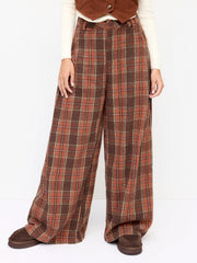 Flannel Check Button Wide Leg Trousers