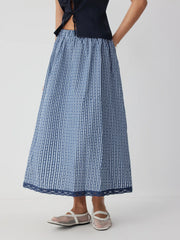 High Rise Gingham Lace Trim A-line Maxi Skirt