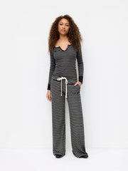 Cotton-blend Stripe Button Long Sleeve Top