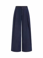 Washed Denim Low Rise Pleated Oversized Wide Leg Trousers