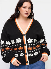 Knit V-neck Star Pumpkin Ghost Contrasting Binding Oversized Cardigan Curve & Plus