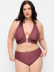 Halter Neck Ruched Metal Detail Bikini Set Curve & Plus