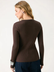 Knit Round Neckline Ribbed Top With Metal Button