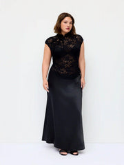 Lace Mandarin Collar Knotted Ruched See-through Top & Satin Mid Rise Maxi Skirt Set Curve & Plus