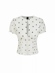 Chiffon Polka Dot Puff Sleeve Cut Out Ruched Blouse