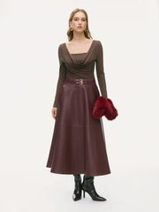 Faux Leather Mid Rise Belted Zipper Midi Skirt