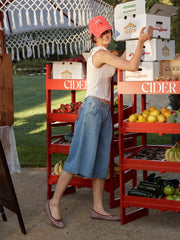 Washed Denim Mid Rise Strawberry Graphic Wide Leg Bermuda Shorts