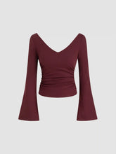 V-neck Solid Ruched Long Bell Sleeve Tee