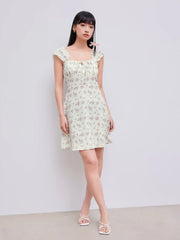 Ditsy Floral Square Neck Drawstring Ruched Mini Dress