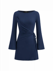 Boat Neck Wrap Ruched Knotted Bell Sleeve Mini Dress