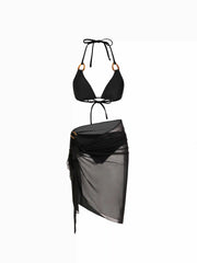 Halter Neckline Solid Ring Linked Triangle Bikinis 3 Piece Bikini Sets