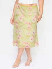 Mesh Floral Embroidery Mid Rise Mermaid Midi Skirt Curve & Plus