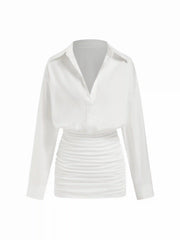 Cotton-blend Collar Ruched Long Sleeve Mini Dress