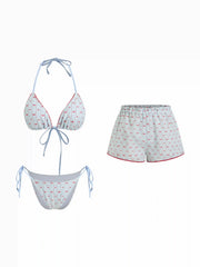 Cotton-blend Gingham Bowknot & Heart Halter Neck Lace Trim Tie Side Triangle Bikini Set With Cover Up Shorts