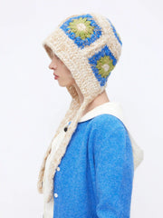 FLOWER PRINT LACE UP KNITTED HAT