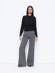 Knit Stand Collar Tie Front Button Long Sleeve Top