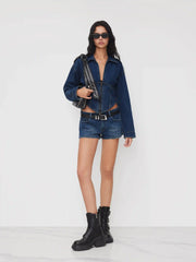 Denim Collar Solid Corset Zipper Jacket