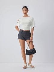 Modal-blend Boat Neck Short Sleeve Cut Out Ruched Top