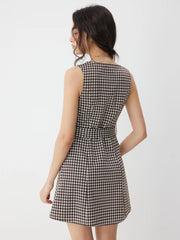 Jacquard Gingham Boat Neck A-line Mini Dress With Belt
