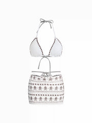 Halter Neckline Contrasting Binding Triangle Cheeky Bikini Set With Floral Lace Trim Cover Up Set