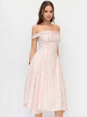 Floral Off-shoulder Ruffle Sleeve Bowknot Flared Midi Dress